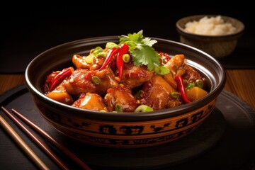 Chinese Kung Pao chicken dish in a traditional bowl.