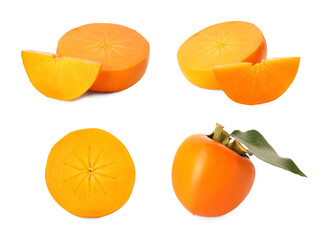 Fresh persimmon fruits isolated on white, collection