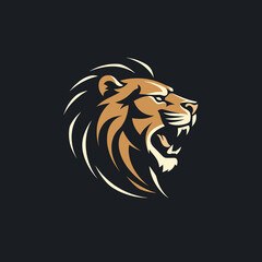 Stylized roaring lion head logo on black background. Strong lion mascot design with aggressive expression. Leadership and courage symbol vector illustration. - obrazy, fototapety, plakaty