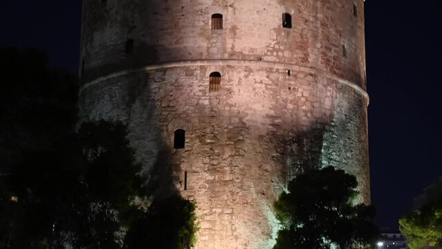 Beautiful night time view of the famous White Tower of Thessaloniki, Greece