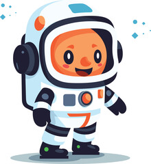 Obraz premium Cute astronaut cartoon character smiling in space suit. Childish spaceman drawing for kids space concept. Playful outer space adventurer vector illustration.