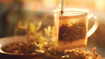 Closeup of a cup of herbal tea with a calming scene on the teabag tag.