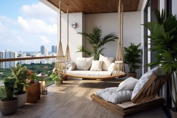 Naklejka premium Spacious terrace with city view and cozy furniture