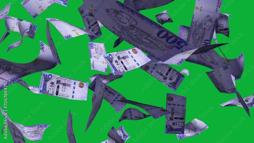Poster 3d animation of saudi riyal notes falling on green screen. you can remove the background by keying o