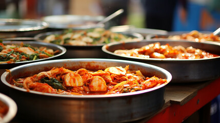 bowls of kimchi on a Korean traditional food market