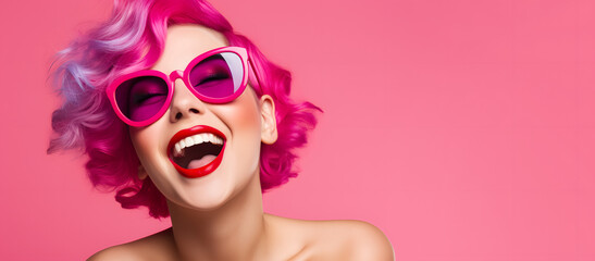 Beautiful girl with big glasses with happy pink atmosphere celebrating day of love and friendship - copyspace