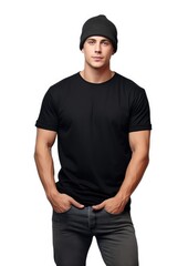 young male model in a black t-shirt on a white background