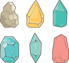 Set of six colorful gemstones in various shapes. Cartoon style mineral crystal collection. Geology and jewelry theme vector illustration.