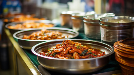 bowls of kimchi on a Korean traditional food market - obrazy, fototapety, plakaty