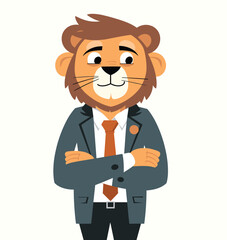 Confident lion character in a suit with a tie, standing arms crossed. Professional businessman, leadership, corporate mascot vector illustration.