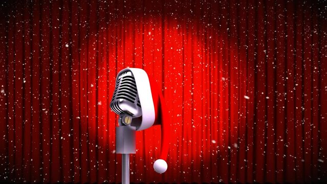 Animation of christmas hat on microphone and snow falling over opening red curtain