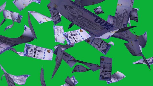 3D animation of Saudi Riyal notes Falling On Green screen. You can remove the background by keying or subtracting with the black and white matte to replace with a custom one
