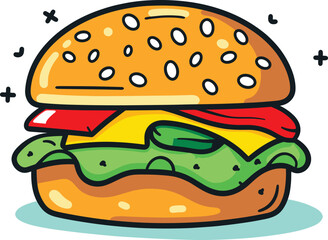 Colorful cartoon cheeseburger with lettuce, tomato, cheese, on a sesame bun. Delicious fast food, tasty hamburger vector illustration.