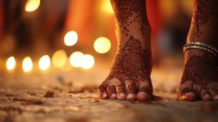 Closeup of intricate henna designs on hands and feet, a common element of cultural festival celebrations.
