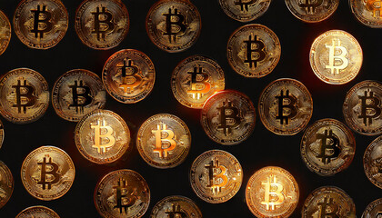 Bitcoin. Cryptocurrency. Golden coins of bitcoin on a dark background. Digital currency.