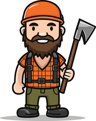 Cartoon lumberjack with beard, orange helmet, holding an axe, smiling. Worker character in safety gear, outdoors, manual labor profession vector illustration.