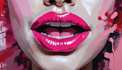 painting abstract art of female pink red lips mouth created with generative ai