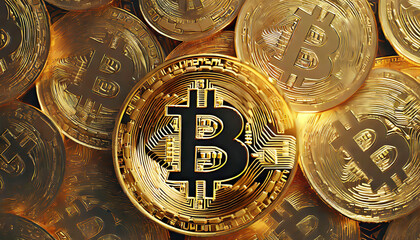 Bitcoin. Cryptocurrency. Golden coins of bitcoin on a dark background. Digital currency.