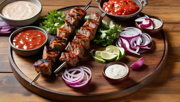 Kebabs laid flat on a wooden platter with tomatoes, red onions, and sauce created with generative ai