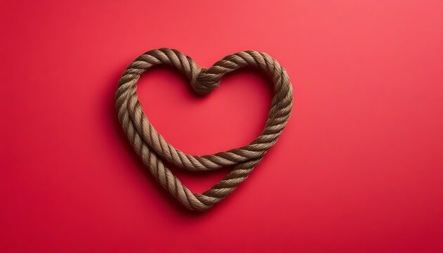 Creative concept composition. Brown rope in heart shape knot on red background. Love valentine concept copy space banner created with generative ai