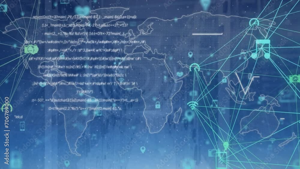 Poster animation of networks of media icons and processing data over world map on blue background