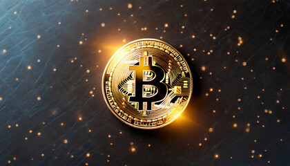 Naklejka na ściany i meble Bitcoin. Cryptocurrency. Golden coin of bitcoin on a dark background. Digital currency.