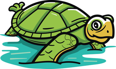 Smiling green turtle swimming in water. Cute cartoon turtle character. Child-friendly aquatic animal design vector illustration.