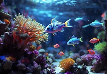 Naklejka na ściany i meble Ornamental fish on the beautiful sea bottom with coral reefs
