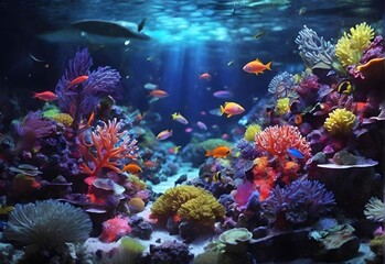 Ornamental fish on the beautiful sea bottom with coral reefs