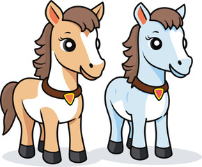 Two cartoon horses, one brown and one gray, standing happily with collars. Cute animal characters for children's book vector illustration.