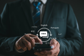 Translator app, language course and e-learning concept. Person use smartphone with Translator app, translation or translate on the mobile app worldwide language conversation speaking concept.
