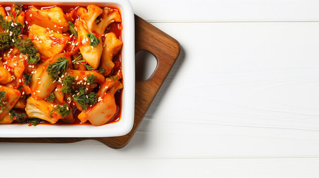 kimchi in ceramic dish on white wooden board. korean food concept