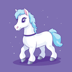 Obraz na płótnie Canvas Cute white cartoon pony with blue mane on purple background. Charming little horse with sparkling stars, magical theme for kids vector illustration.