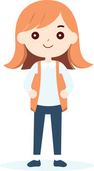Young girl with orange backpack, smiling, standing. Schoolgirl with long hair, casual clothing, happy expression vector illustration.