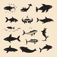 Obraz premium sea animals black silhouette Clip art vector