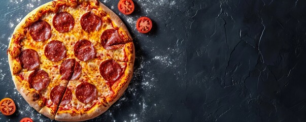 scrumptious pizza with savory salami, banner, copyspace, generative AI