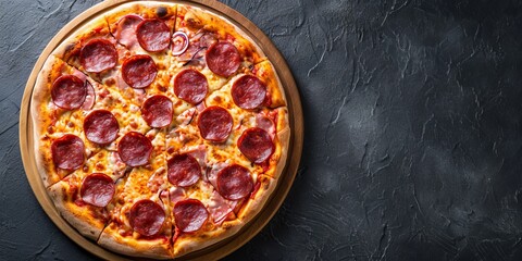 scrumptious pizza with savory salami, banner, copyspace, generative AI