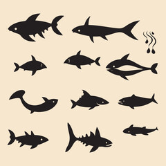 sea animals set black silhouette Clip art