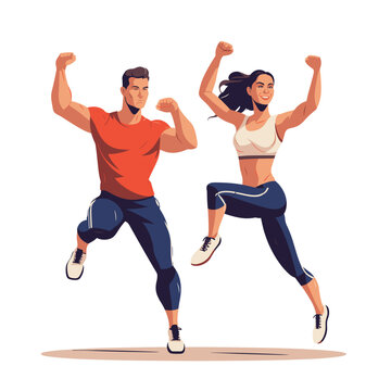 Fit man and woman jumping with raised fists, showing strength and joy. Energetic exercise motivation vector illustration. Excited workout couple, fitness victory.