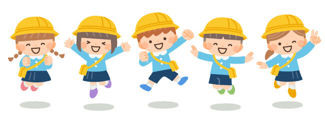 ジャンプをする元気な幼稚園児たちのイラスト素材