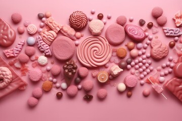 Fototapeta na wymiar A pink background adorned with candies in soft hues. Generative AI