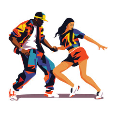 African man and Latina woman dancing in stylish attire. Dynamic hip hop dance moves with vibrant clothing. Street dance performance vector illustration.