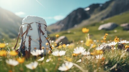 A backpack lies amidst a vibrant landscape of flowers, blending the beauty of nature with outdoor essentials.