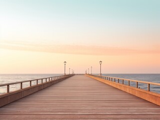 Fototapeta na wymiar Wooden Pier With Lamp Post, Coastal Scene, Sunny Day, Calm Waters. Sunrise.