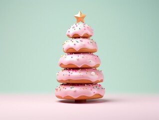 A festive pink Christmas tree made entirely of delicious doughnuts, displayed against a vibrant pink background.