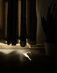 Light spilling under curtains.