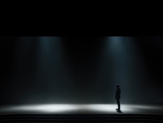 A lone figure stands on a dimly lit stage, illuminated only by a single spotlight. Copy space.
