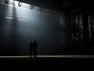 Two pesons stand on a dimly lit stage, illuminated only by a single spotlight