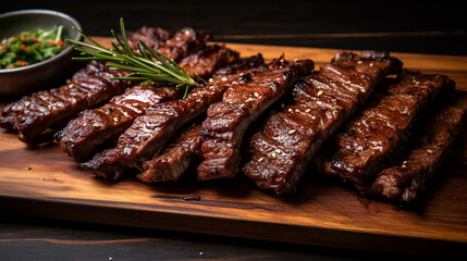 close up of la galbi or kalbi flatlay on wooden table