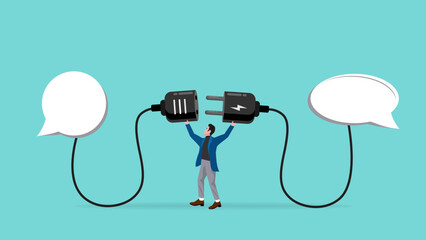 man connect plug with bubble chat to bubble chat concept vector illustration with flat style design, social dialogue, discussion connection idea, speech bubble chat goal discuss, communication talk - obrazy, fototapety, plakaty